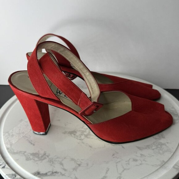 Nine West N-Ashia Vintage Red Leather Peep Toe Slingback‎ Wrap Heels Size 6M - Picture 7 of 9